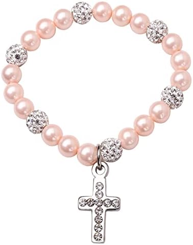 RUNXINTD Cross Charm Baptism Bracelet Baptism Gifts for Girl with Pink and White Shell Pearls, best gift for First Communion, Baptism or Christening (Pink-6"(5-12Y))