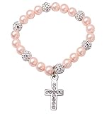 RUNXINTD Cross Charm Baptism Bracelet Baptism Gifts for Girl with Pink and White Shell Pearls, best