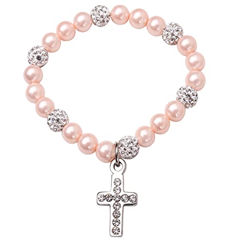 Runxintd Cross Charm Baptism Bracelet Baptism Gifts For Girl With Pink And White Shell Pearls, Best Gift For First Communion, Baptism Or Christening (Pink-6"(5-12Y)) #TOP1