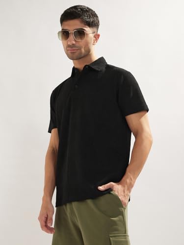 Image of Nobero Textured Polo T-Shirt for Men | Polo T-Shirts for Men | Regular Fit | Textured Fabric | Contrast Collar | Casual & Smart Casual