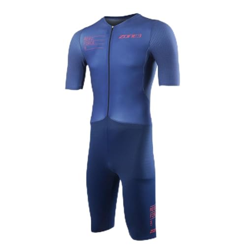 Image of ZONE3 Men's Aeroforce-X II Short Sleeve Trisuit Designed To Be World's Fastest Pro Triathlon Suit Made in Britain (XS, Navy)