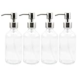 8-Ounce Clear Glass Boston Round Bottles w/ Stainless Steel Lotion Pumps (4-Pack); Empty Refillable Liquid Soap & Lotion Bottles