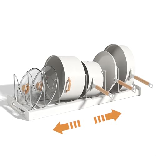 Sylfaen Pot and Pan Organizer, Expandable Pots and Pans Organizer Under Cabinet, Pot Lid Holder Rack with 7 Adjustable Compartment for Cutting Board, Bakeware, Dishes (White)