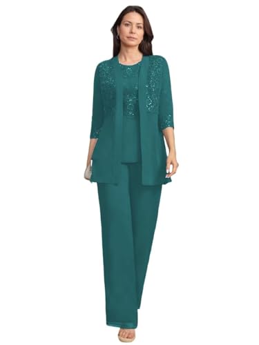 Mother of The Bride Pantsuits 3 Piece Applique Grandmother of The Bride Pantsuits for Wedding with Shoulder Pad Jackets