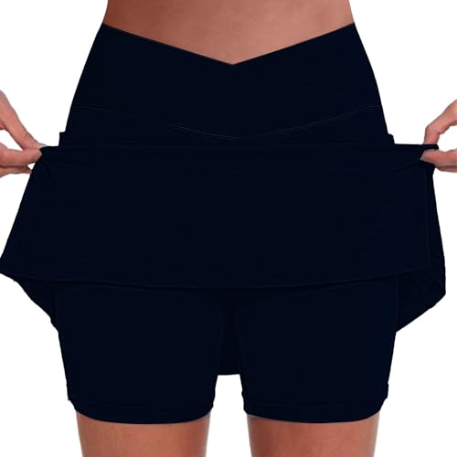 Nuaoxyeu Lightning Deals Today Skirts for Women Tennis Skirt with Shorts and Pocket High Waist Cross Over Yoga Skort Basic Sports Dress Mini Skirt Lightweight femboy Skirt Navy