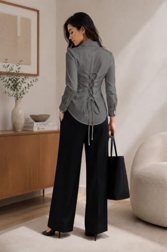 Image of OOMPH! Women's Cotton Solid Corset Style Shirt | Back Lace-Up Tie-Up Cinched Waist | Full Sleeve Button-Down Formal Office & Smart Casual Shirt