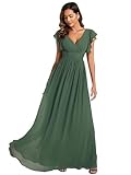 Ever-Pretty Women's Long Bridesmaid Wedding Guest Dress Elegant Chiffon A-Line Ruffles Sleeve Eucalyptus Green 14UK
