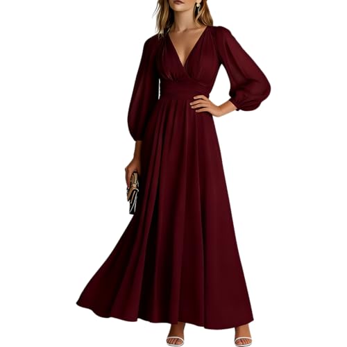XNC Long Sleeve Dresses for Women 2026 Spring Summer Casual Boho Floral Chiffon Dress Tulle Flowy Maxi Wedding Guest Dress Burgundy