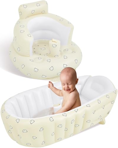 Image of 2 Pack Baby Inflatable Seat and Inflatable Baby Bathtub for Babies 3-36 Months with Built in Air Pump Infant Back Support Sofa Newborn to Toddler Bath Tub Portable Travel Shower Basin (Novel Bear)