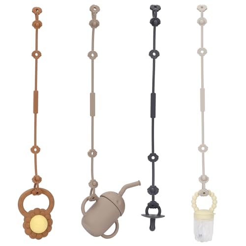 Image of Nupoopy 4 Pack Toy Safety Straps for Baby, Silicone Baby Bottle Harness Straps｜Sippy Cup Leash｜Baby Teether Pacifier Holder Clips for Stroller, High Chair, Crib, Bag(Sand/Light Grey/Dark Grey/Clay)