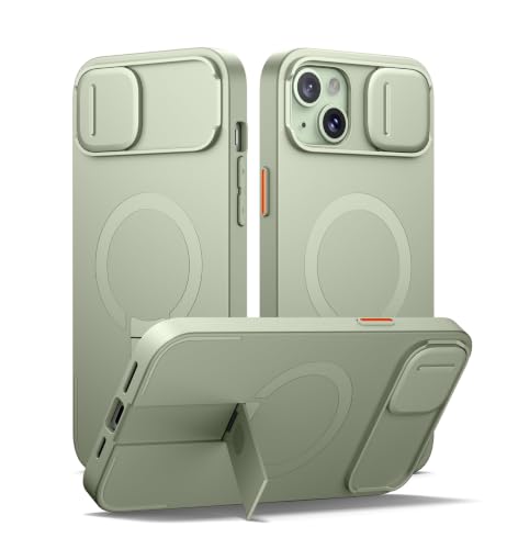 Image of SURITCH for iPhone 14 Plus /15 Plus Case with Magnetic Camera Slide Cover and Adjustable Kickstand, Compatible with MagSafe, Shockproof Bumper Case Slim Protective Cover 6.7 Inch, Green