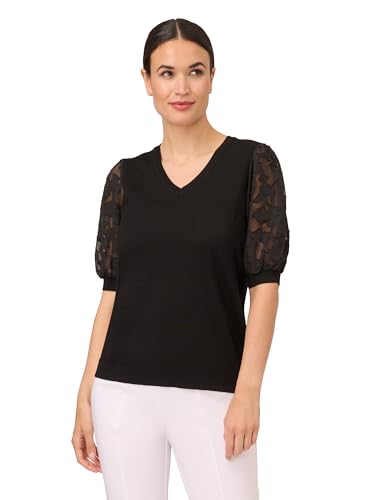 Image of Adrianna Papell Women's 3 /4 Floral Burnout Sleeve V-Neck Sweater