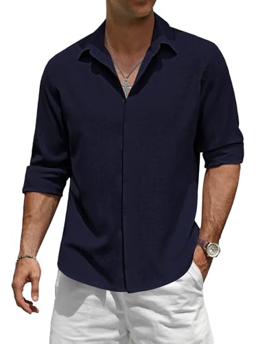 TARAINYA Camisa Lino Hombre Manga Larga Verano Casual Regular Fit Botones Ocultos Azul Marino L