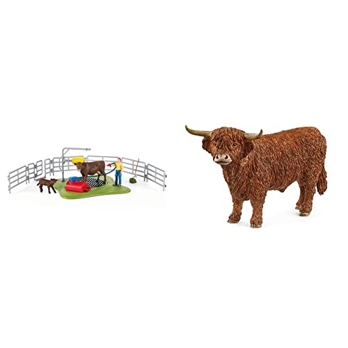SCHLEICH 42529 Spielset - Kuh Waschstation (Farm World), Mix & 13919 Hochland Bulle