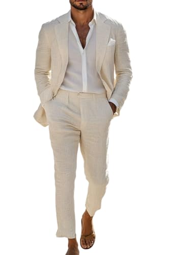 Men Pure Linen Beige 2 Piece Slim Fit Summer Wedding Groomsmen Elegant Prom Dinner Suits