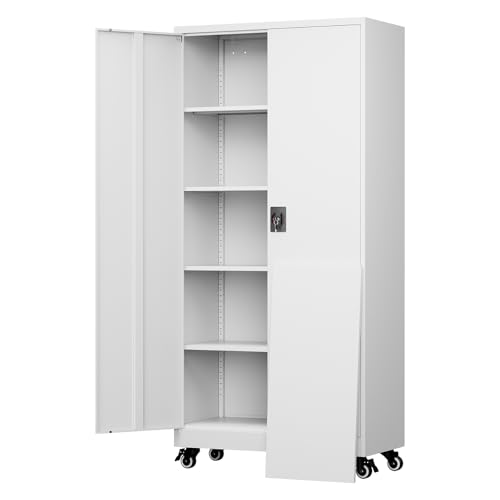 Image of Yizosh Metal Garage Storage Cabinet with Locking Doors and Adjustable Shelves,- 75 inch Rolling Steel Tool Cabinet for Home Office,Garage,Warehouse