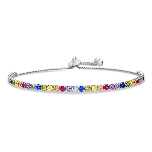 INSPIRED BY YOU. Rhodium Plated Sterling Silver 4mm Rainbow Cubic Zirconia Adjustable Bolo Tennis Bracelet for Women 8 - 11 Inches ( White )