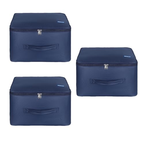Image of M MEDLER Adex Nylon Wardrobe Organizer Bag | Moisture-Proof Clothes Storage Box & Saree Cover with Zipper & Handle | Square | Blue | 38x38x24 cm - PACK OF 3