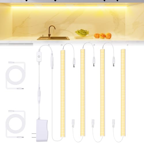 JUSJUBR Under Cabinet Lights Plug-in, 4 Pack x 12inch Warm White 3000K LED Under Cabinet Lighting...