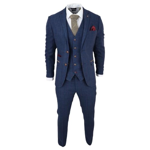 TruClothing Mens Blue 3 Piece Suit Herringbone Tweed Checked Formal Dress Suits