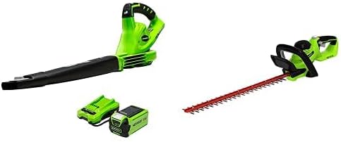 Review Greenworks 40V (150 MPH) Cordless Leaf Blower, 2.0Ah Battery and Charger Included 24252 with Hedge Trimmer