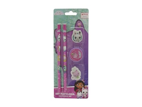 CYPBRANDS Gabby Set de papeterie, écriture, règle, gomme, taille-crayon, étui, couleur rose, produit officiel