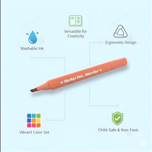 Image of JOUET Washable Triangle Markers for Kids, Ergonomic Easy-Grip Design, Safe and Vibrant Coloring Pens for School & Art Projects, Set of 12 Colors