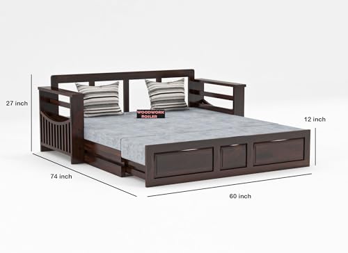 Image of Solid Sheesham Wooden Sofa Cums Bed with Mattresses for Living Room|Rosewood 3-Person Sofa Cums Bed for Bedroom Without Pillow (E-Walnut Finish)