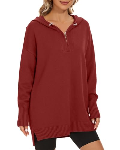 Image of Women's Hooded Sweater Loose Half Zip Drawstring Pullover Sweatshirt Top Casual Long Sleeve Side Slit Knit Hoodie