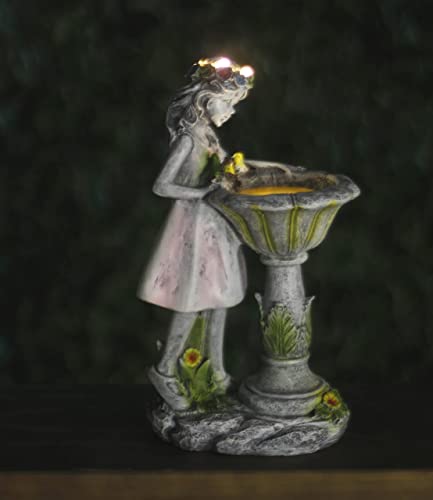 Garden Mile Resin Solar Powered Fairy Garden Ornaments - Outdoor Solar Lights Angel Statue with Vintage Stone Effect - Weatherproof Water Girl Figurine for Garden Patio, Pond, Flowers Décor