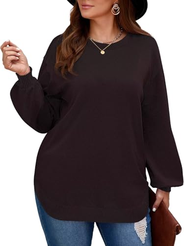 Image of Women's Plus Size Sweaters Crewneck Knit Side Slit Pullover Tops Fall Outfits (4X, Coffee)