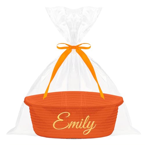 HUTARIO Personalized Woven Halloween Boo Basket Embroidered Name with Gift Bags and Ribbons,Empty Small Rope Basket,Durable Storage Custom Orange Basket with Handles for Baby Showers or Christmas