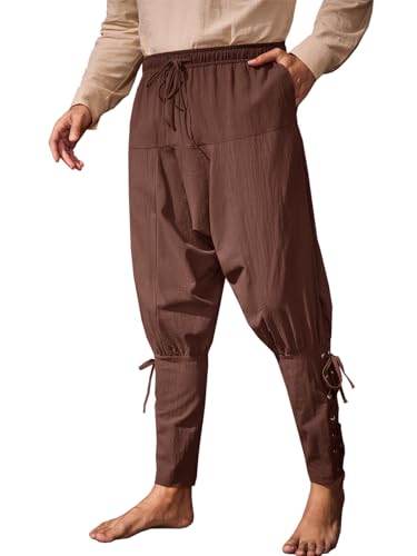 Runcati Mens Medieval Ankle Banded Pants Renaissance Viking Pirate Navigator Costume Pants Lace Up Cotton Halloween Trousers Coffee