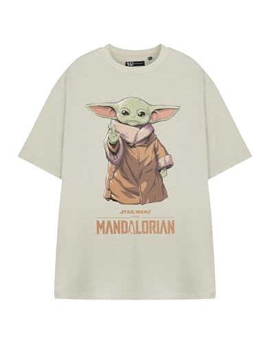 Star Wars Camiseta estampada de manga corta beige para hombre | Camiseta blanca Grogu The Mandalorian con estampado Grogu, ropa para fanáticos de la ciencia ficción para él | Mercancía con licencia