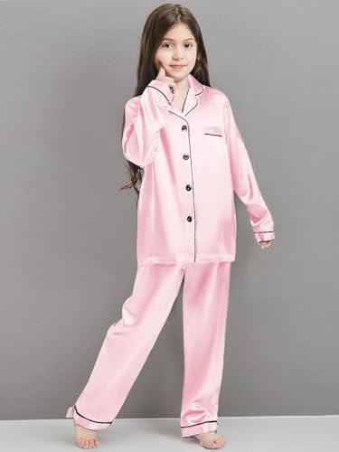 Image of Schbbbta Girls & Women Satin Pajamas Set, 2Piece Silk Nightwear Button-Down Sleepwear for Teen Kids, 3 Years - Women XXL