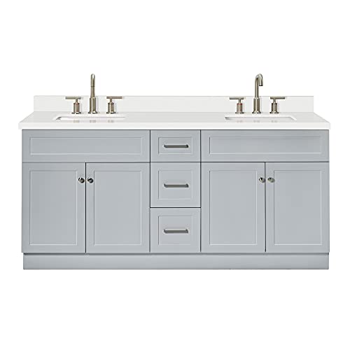 ARIEL 73´´ Grey Double Vanity 1.5´´ Edge Pure White Quartz Countertop & Splash, Double Sink Configuration, 4 Soft Closing Doors, 3 Full Extension Dovetail Drawers, Brushed Nickel