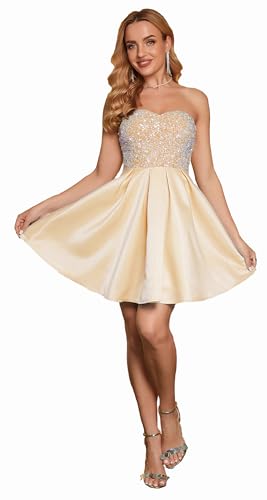 Image of Angel-fashions Women's Strapless Sequin A-Line Sequin Elegant Short Prom Gown Cocktail Dress
