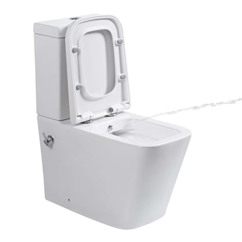 Rimless Close Coupled Toilet with Bidet, All in One Integrated Combined Bidet Toilet Back to Wall Comfort Height Toilets Ceramic WC Pan Cistern Soft Close Seat Square Bathroom Toilets