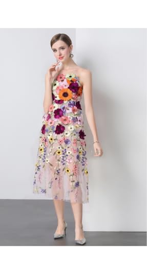 French Women's Long Dress with Flower Embroidery - Summer Strapless Waist-Cinching Slimming Dress with 3D Floral Details3