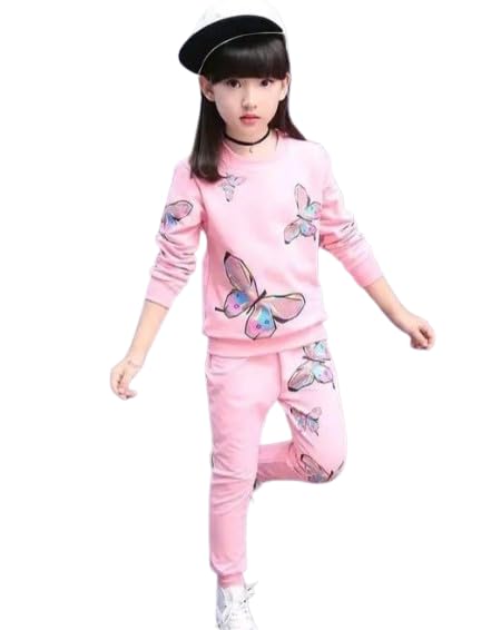 Kids Girls Cotton Blend Full Sleevess Butterfly Printed Top & Bottom Set
