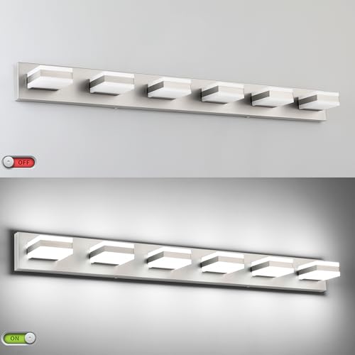 Image of SOLFART LED Modern Bathroom Vanity Lights Over Mirror, Brushed Nickel Vanity Light Fixture 6 Light, LED Nickel Bathroom Lights Cool Light 6000K