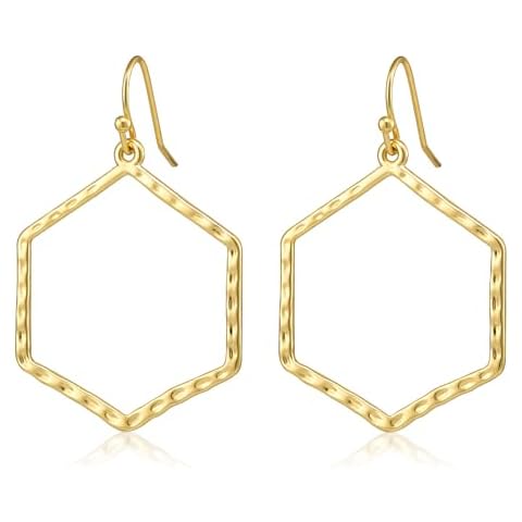 Ascona Dangle Hoop Earrings for Women，Gold Plated Dainty Statement Geometric Lightweight Drop Hexagon Thin Earrings Jewelry（44MM） Cover