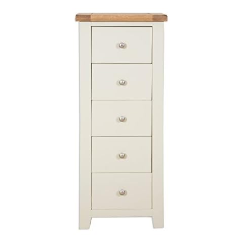 Hobart Ivory Rustic Oak Top Tall Narrow Chest of Drawers/Solid Oak Top Tall 5 Drawer Chest/Bedroom Furniture Cover