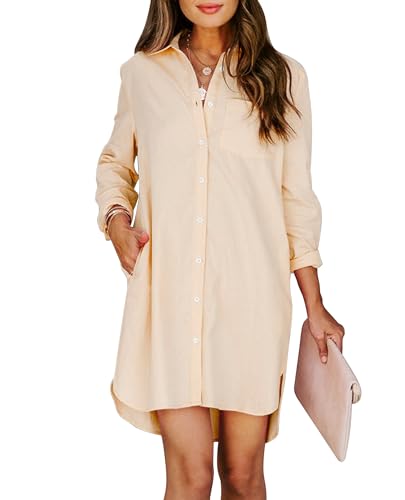 Image of Aoudery Womens Button Down Shirt Dresses with Pockets Cotton Button Up Tunics Long Sleeve Solid High Low Blouse Tops