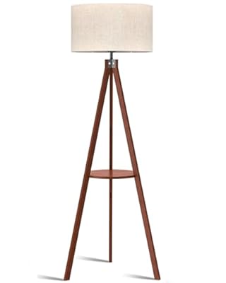 LEPOWER Tripod Floor Lamp, Mid Century Wood Standing Lamp, Modern Design Shelf Floor Lamp for Living Room, Bedroom, Office, Flaxen Lamp Shade with E26 Lamp Base Brown