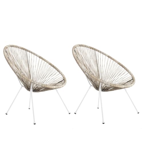 LOLAhome Pack 2 Sillones de jardín Acapulco Color Natural| Cuerdas de Rattan PE y Acero Blanco| 72x77x84 cm | con Topes de Goma, Resistente hasta 120kg | para Interior y Exterior | Acapulco