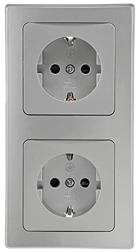 DELPHI Steckdose Unterputz 2-fach - Schutzkontaktsteckdose mit erhöhtem Berührungsschutz mit Rahmen Farbe Silber Grau
