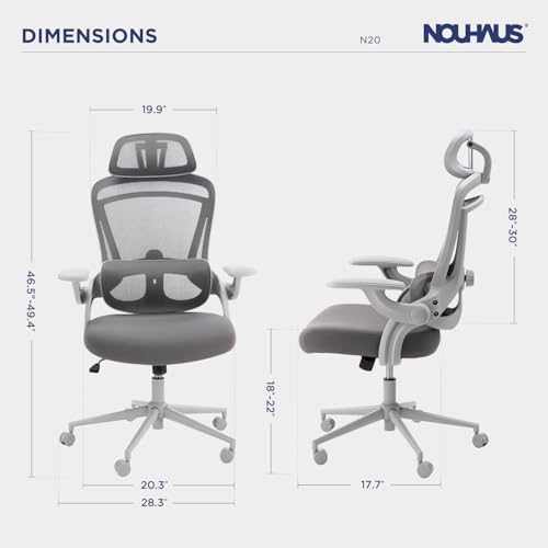 Nouhaus ErgoFlip Ergonomic Office Chair - Mesh Office Chair with Adjustable Headrest, Lumbar Support & Blade Wheels - Executive Swivel Desk Chair, Gaming Chair for Comfort and Durability （Grey）