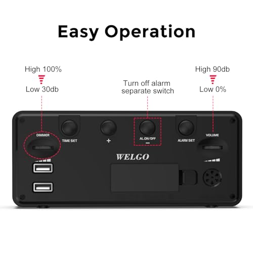 Image of Welgo Senior Friendly Digital Alarm Clock, 7.5 Inches Large Display, Easy to Ues, Fully Range Brightness, Adjustable Volume, Convenient USB Charging Port for Bedside