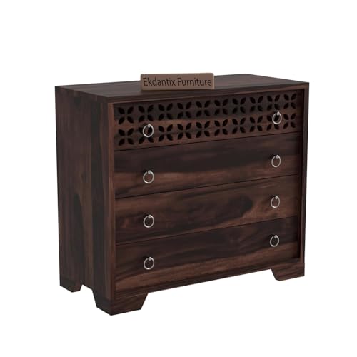 Image of Sheesham Wood Dressers Chests of 4 Drawers | Kitchen Crockery Cabinet Unit | Sideboard Storage Cabinets | Bedroom Furniture | Wooden Chests of Drawers (Walnut Finish)